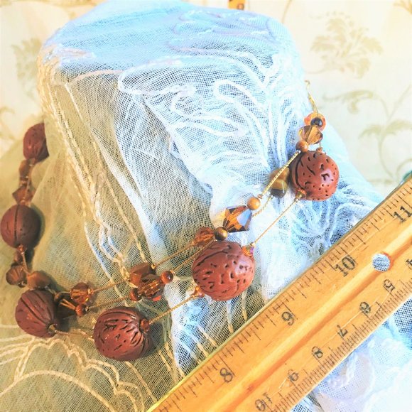 Dabby Reid Necklace Swarovski Crystal Tigers Eye Seed Gold Plated Chain Signed - Picture 5 of 9